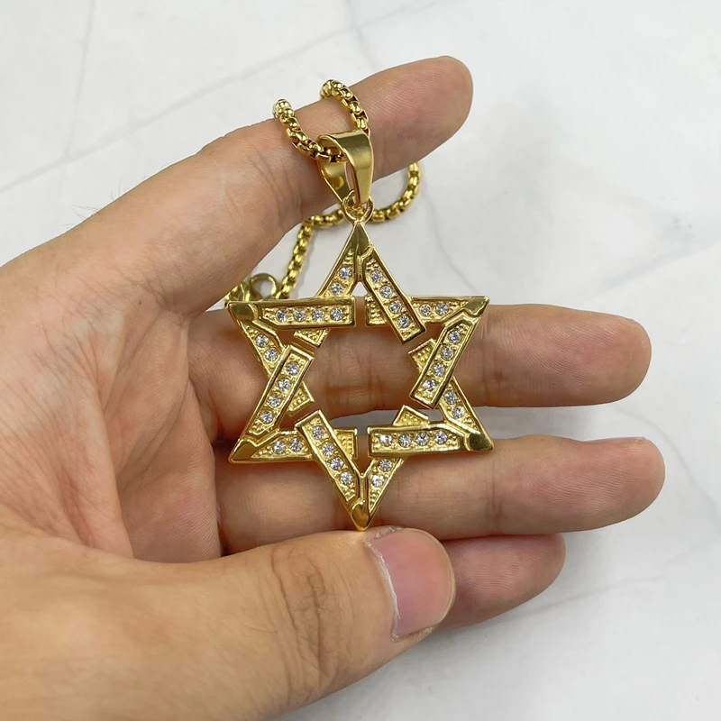 Hip Hop New Hexagram Star of David Pendant Necklace For Men Gold Color Stainless Steel Israel Jewish Iced Out Bling Jewelry