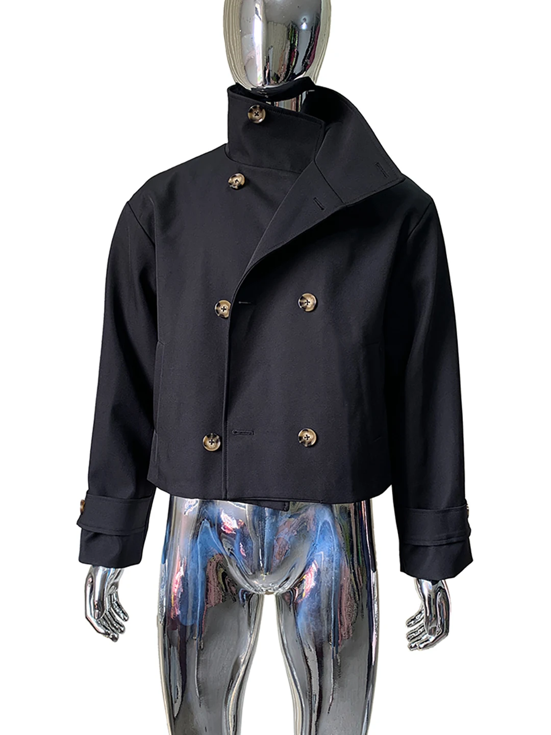 

Nerazzurri Men's Short Black Jacket Stand Collar Double Row Buttons British Style Windbreaker Spring Fashion Outerwear Coat