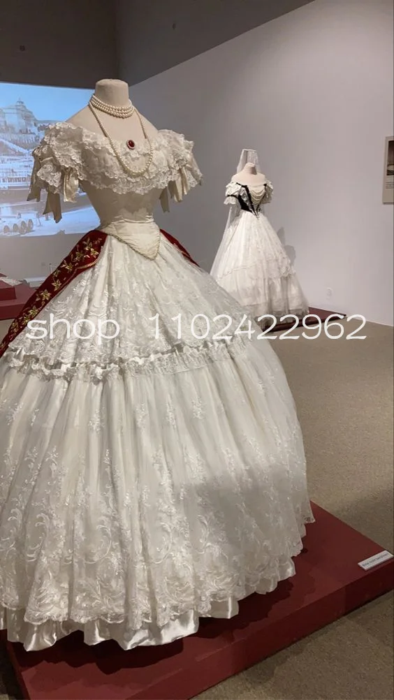 

History Fashion Victorian Lolita Prom Dresses White Red Lace Embroidery Bustle Corset Civil War Princess Evening Gown Duchess