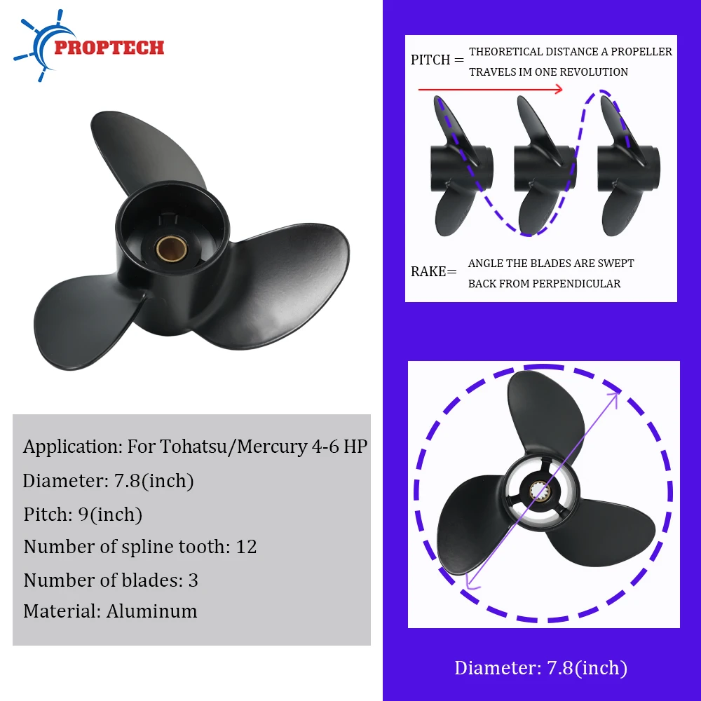 For Tohatsu Mercury 4-6hp 7.8*9 Outboard Propeller Aluminum Alloy Screw 3 Blade Boat Accessory 12 Spline Marine Engine Part view 2