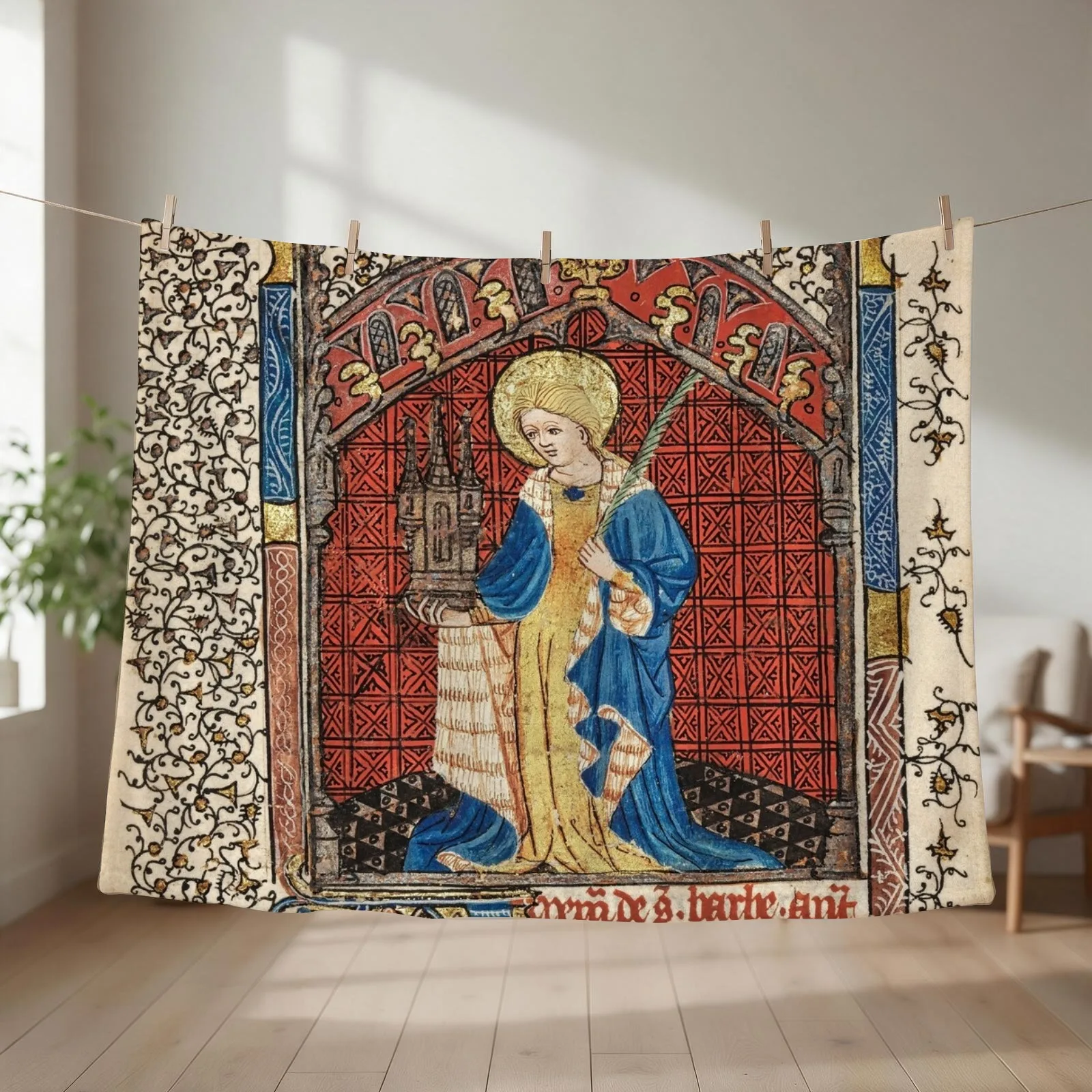 Saint Barbara - From a Medieval Illuminated Manuscript Throw Blanket couch cozy soft plush fuzzy picnic outdoor blanket