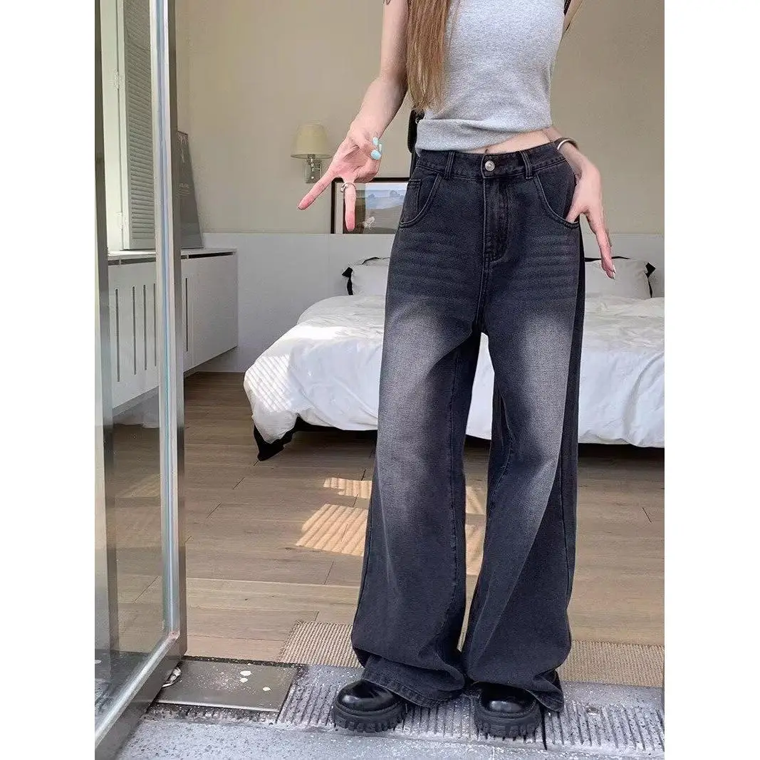 

High Waist Straight Leg Denim Jeans Women's Autumn New Sle Slim Fit Loose Wide Leg Pants Retro Bla ey High Street