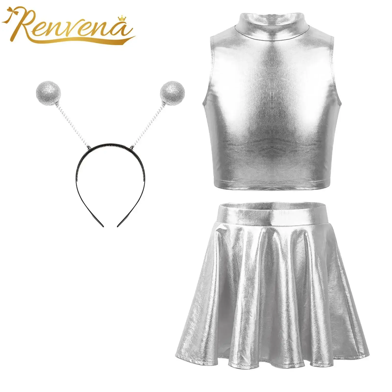 Kids Girls Alien Cosplay Costume Outer Space Astronaut Role Play Outfits Tank Tops Pleated Mini Skirt+ Hair Hoop Dancewear Set