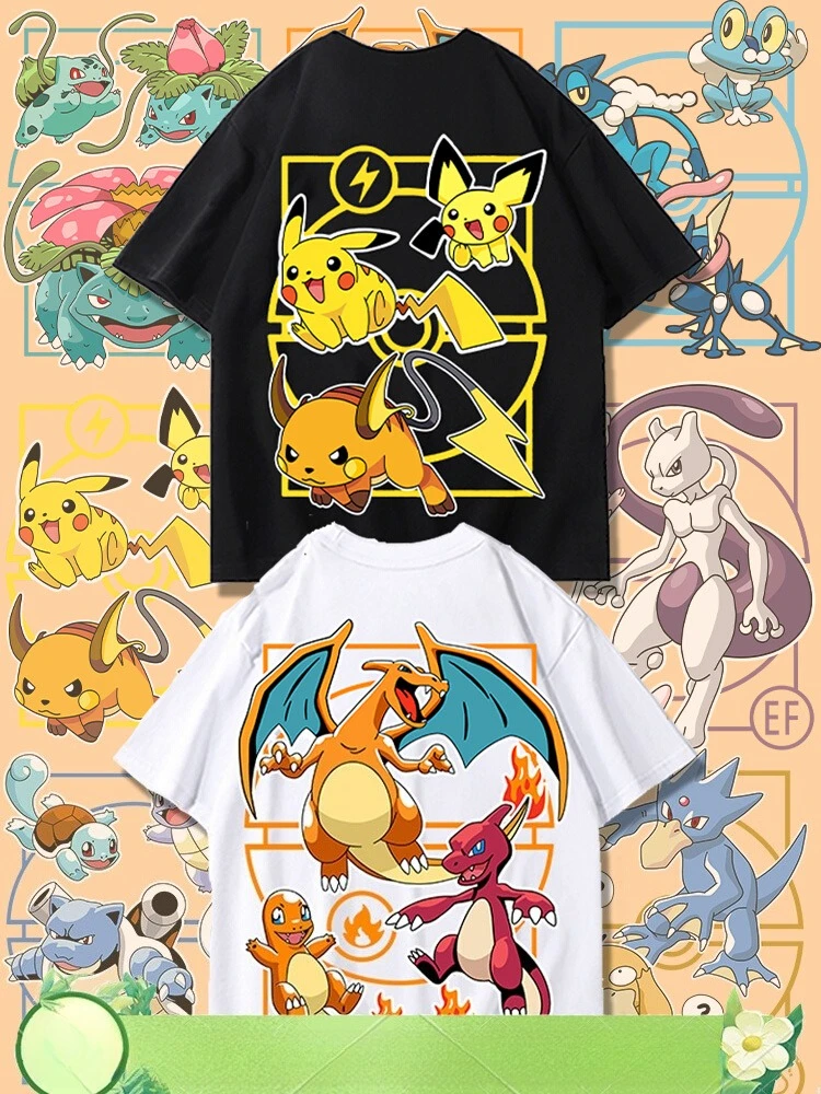 Pokémon Joint Peripherals Products Camiseta de manga corta Gengar Psyduck Mewtwo impreso hombres y niñas novedad de verano moda Top