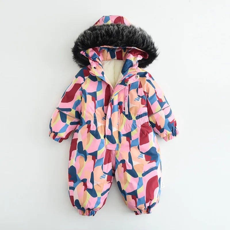 Winter Baby Ski Suit Hooded Fleece Thickened Rompers 2025 Warm Children Sports Outfits Boys Girls Zipper Windbreaker 1-4years