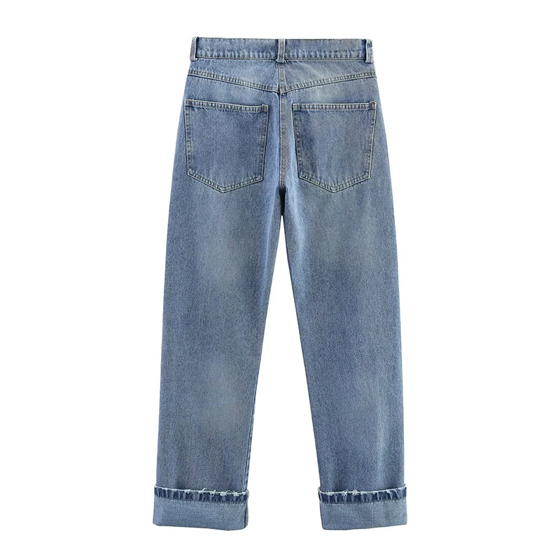 YENKYE nueva moda mujer americano Retro con bolsillos pantalones vaqueros rasgados rectos de tiro medio 2025 pantalones vaqueros