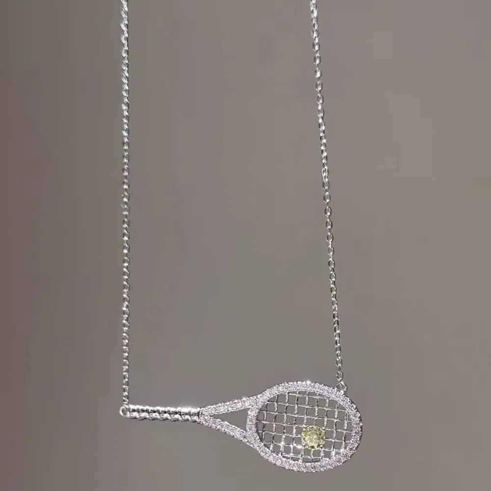 Trendy Exquisite Tennis Racket Necklace Zirconia Metal Silver Color Pendant Necklace With Diamonds Sweater Chain Jewelry Gifts