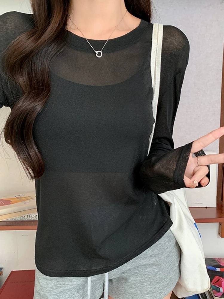 2026 Spring Summer Ice Silk Sun Protection Shirt Long Sleeve Solid Loose Versatile Cover Up Top Sexy See-through Women T-Shirts