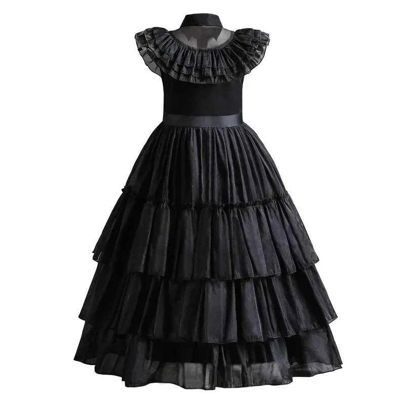 Wednesday Addam Costums for Girls New Birthday Vestidos Gothic Black Mesh Dress Wednesday Cosplay Black Dress for Girls 4-12 Yrs