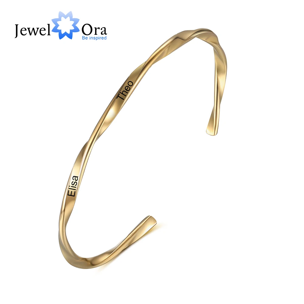 Stainless Steel Personalized Engrave Couple Names Twisted Bangles Steel / Gold Color Customized Cuff Bangles for Women Gifts