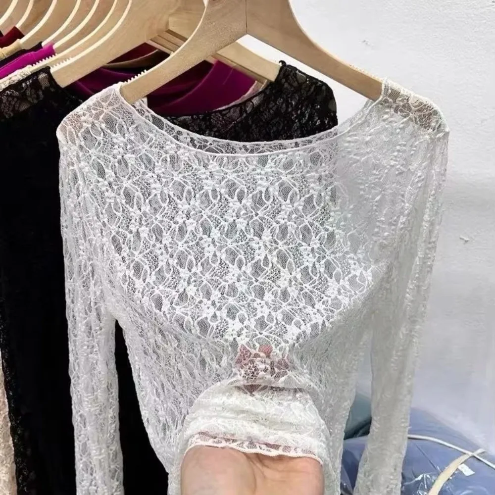 

Fashion Sexy Underwear Long-sleeved Lace Tops Slim Fitting Flower Embroidery Pullover Spring Summer