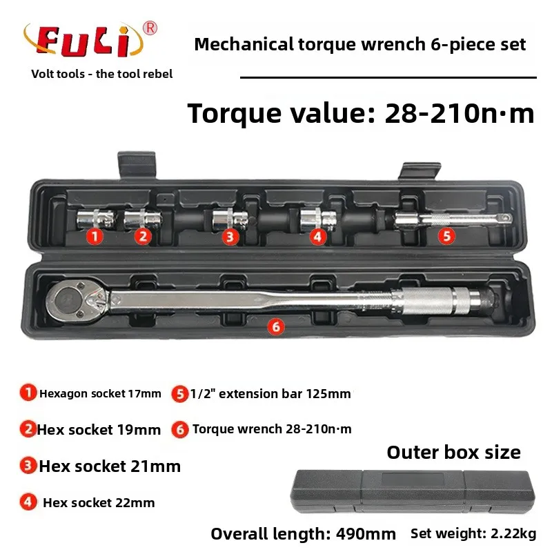 Industrial Grade Adjustable Torque Wrench Set with Scale Dial, 1/2 Drive Click Wrench 28-210 Nm Range, ±3% Accuracy, 6-Piece
