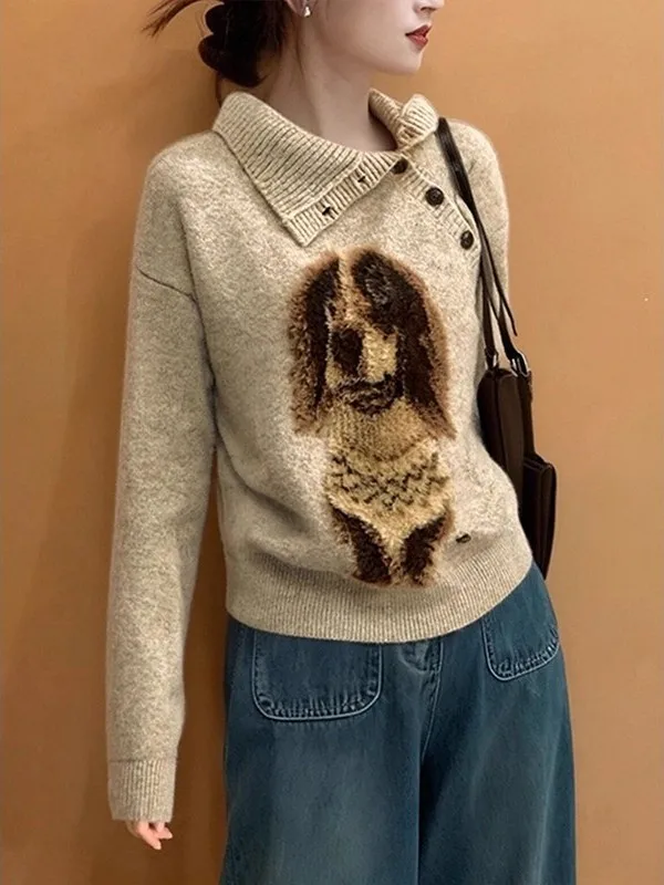 Chic Khaki Dog Collar Pullover Knitted Sweater Women's Autumn Winter Loose Lazy Sle Outerwear Fem Faion Casual Top
