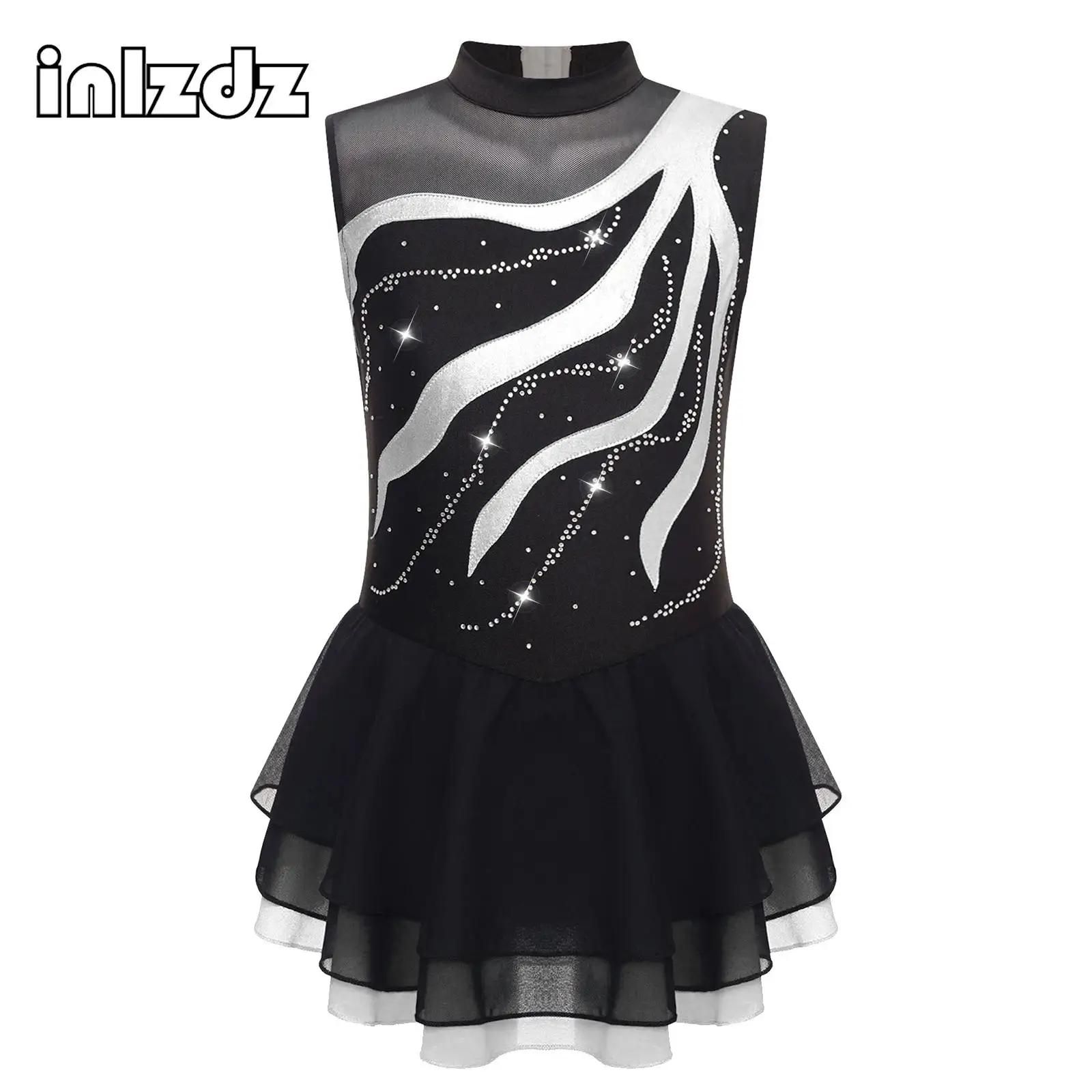 

Kids Girls Gymnastic Figure Ice Skating Dress Rhinestone Mesh Tulle Splice Leotard Dress Ballet Tutu Roller Skating Dancewear