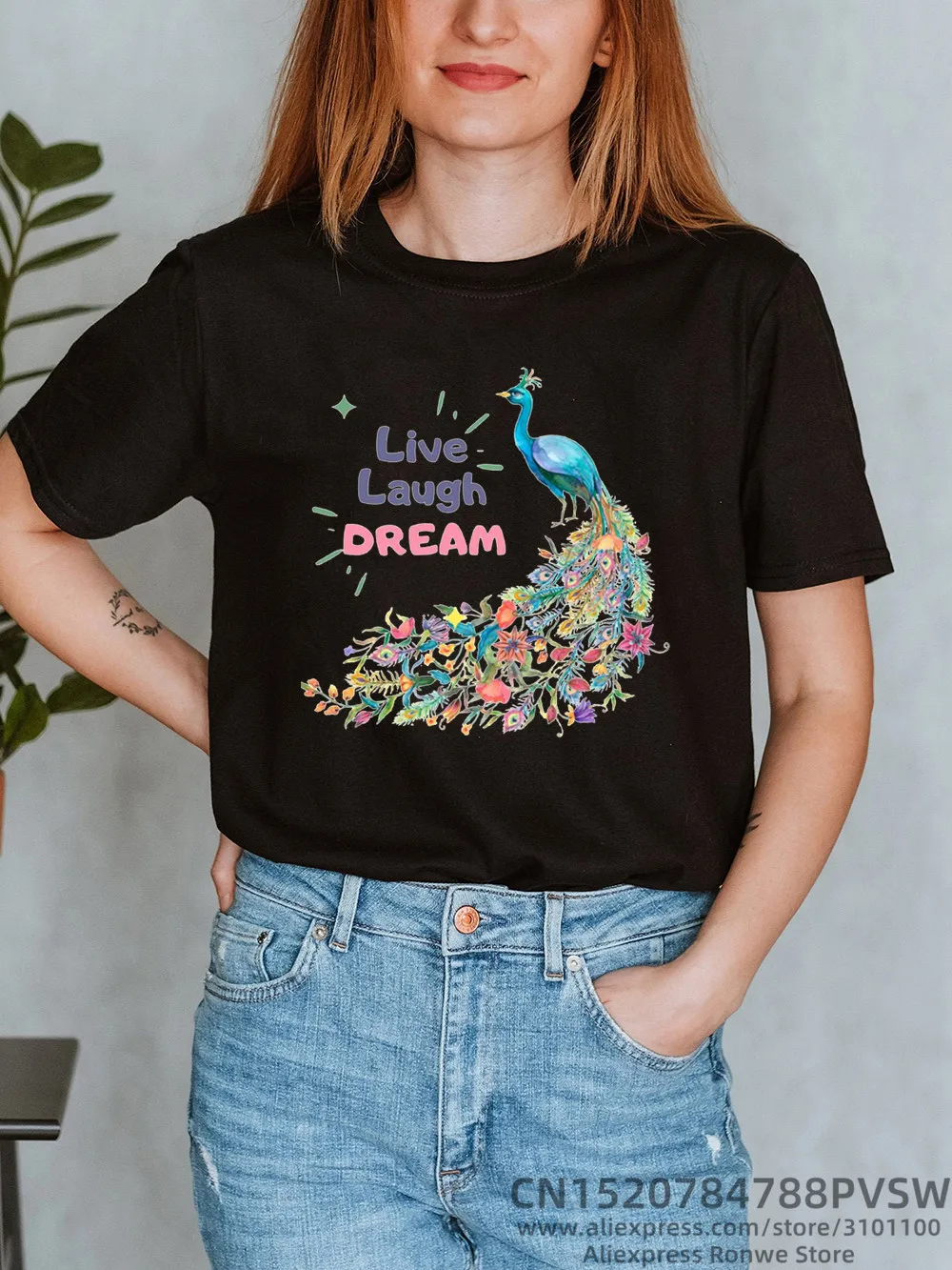 Live Laugh Dream Colored Feathers Women Cotton Print T-shirt 2022 Female Summer Casual 90s Tops Tee Girl 90S Y2k Kawaii Clothes