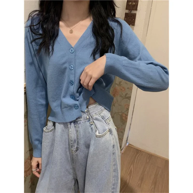 Official Picture New V-Collar Cardigan Outer Wear Short Top Autumn Thin Jacket Long-Sleeved Sweater Women's Fashion