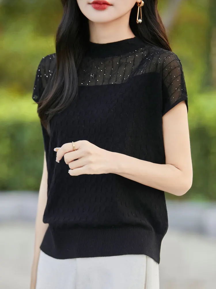 

Women's f-High Collar ort Sve Knitted T-irt Lace Underwear Slimming Me Base irt Summer New Sle Commute Sle