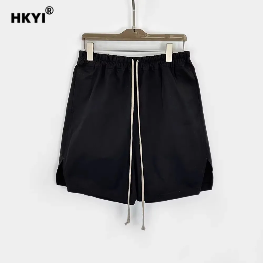 HKYI Men's and Women's Spring/Summer Black Split Five Part Pants with Drawstring Elastic Loose Wide Leg Shorts