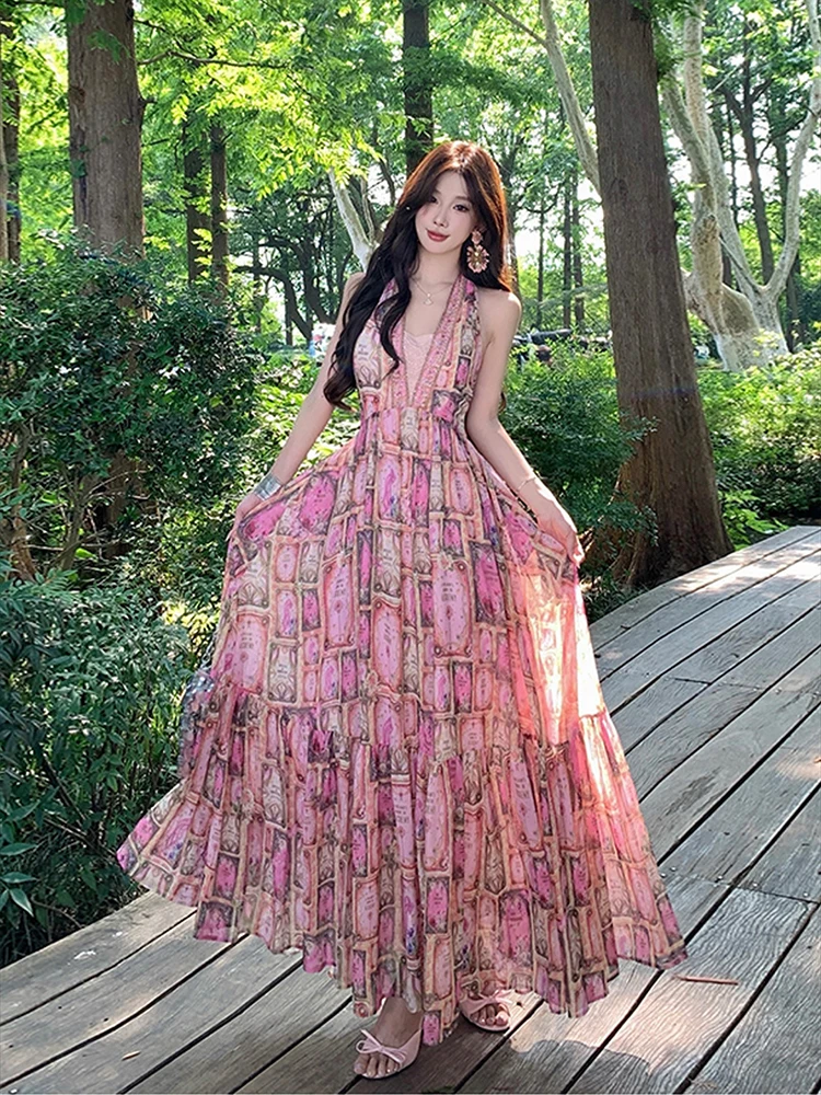 프랑스 스타일 우아한 연회 긴 드레스 섹시한 홀터넥 백리스 꽃 프린트 드레스 여름 해변 휴가 민소매 슬림 롱 드레스