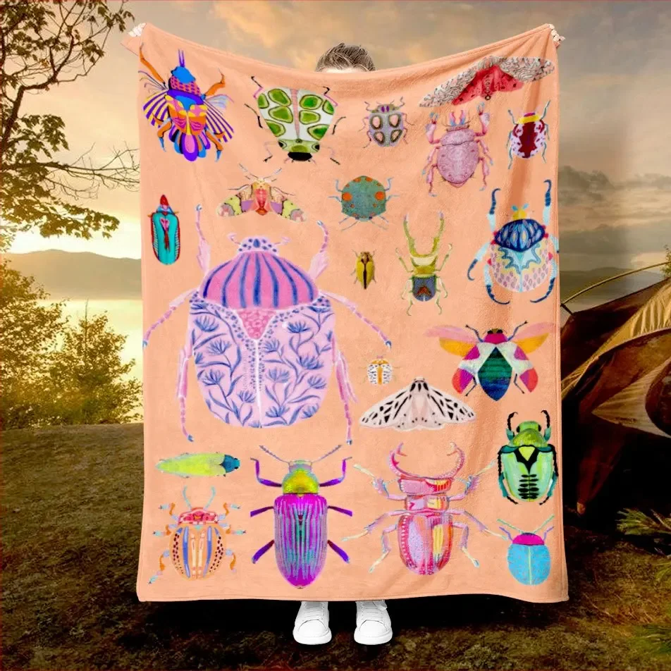 Colorful Insect Pattern Blanket Artistic Beetle Design Soft Fleece Throw Nature Theme Home Decor Gift Idea Boho Style Bedding