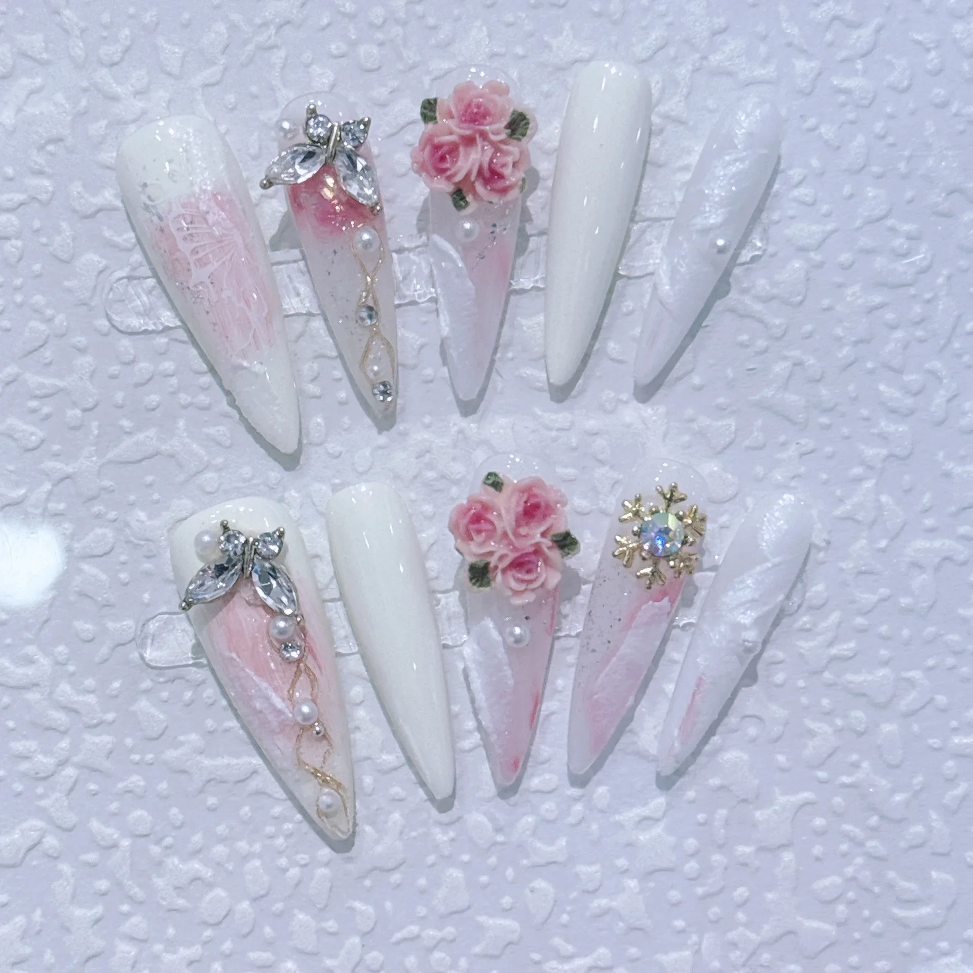 Press On Nails Handmake Diamond Encrusted Butterflies Gentle Fairy Pink Peach Blossom Fake Nails Removable and Reusab