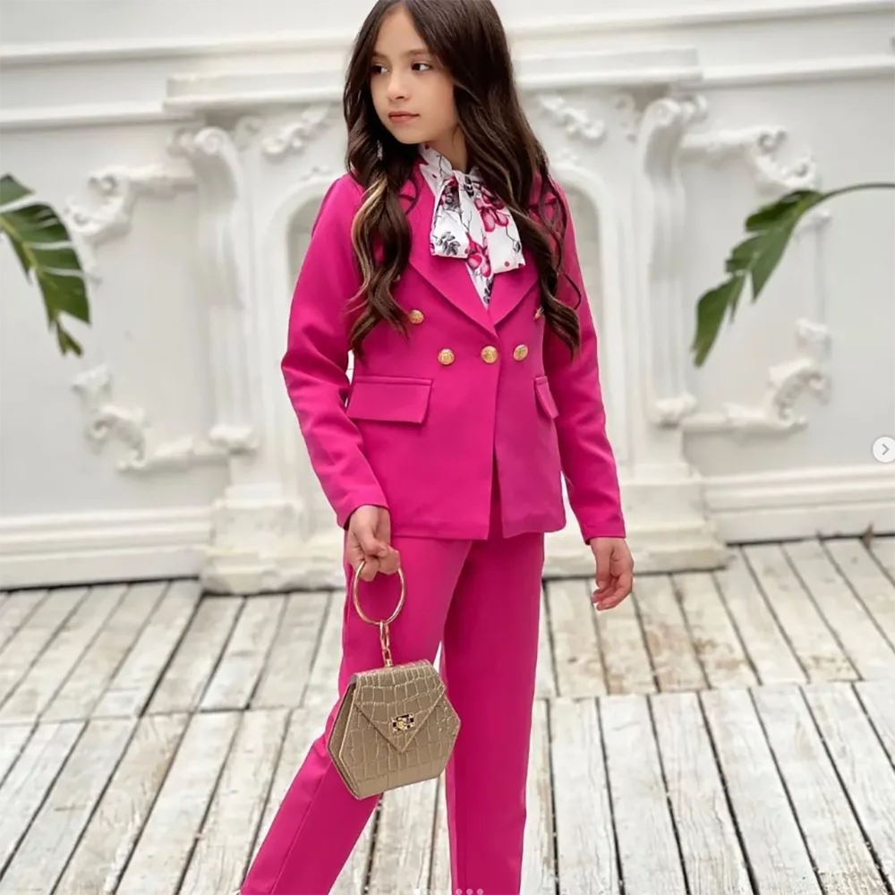 Cute Rose Pink Girls Blazer Double Breasted Lapel Kids Jacket+Pants Loose Formal Teenage Casual Outfits