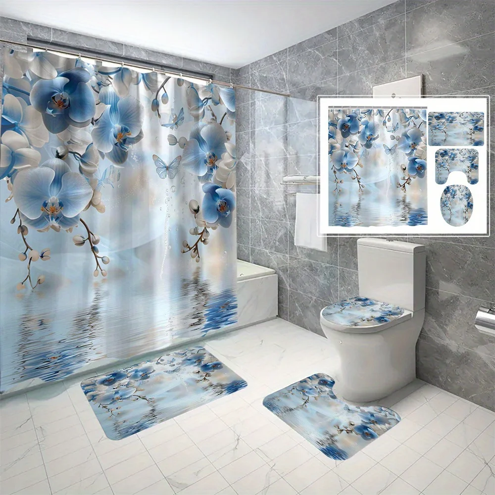 

4 шт. Сине-белый цветочный узор, можно стирать в машине, полиэфирная ткань, занавеска для душа, коврик для унитаза, нескользящий коврик, U-образный коврик