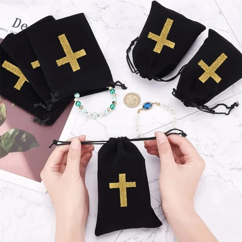 Velvet Rosary Pouch with Golden Cross - Drawstring Cross Bag for Prayer Accessories,  Handmade Christian Gift-Durable Coin Purse