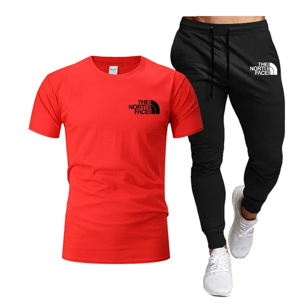 

Summer 2025 Men Tops 100% Fashion Cotton Short Sleeve Long Sweatpants Streetwear 2 Piece Sets Men Clothing