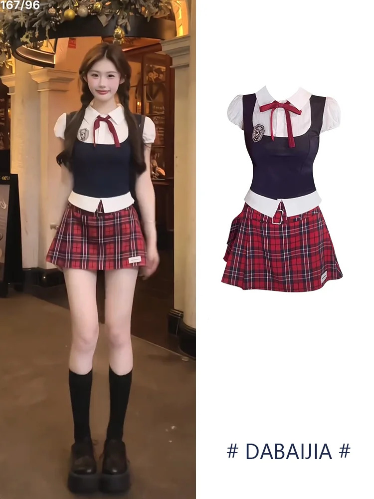 

American Retro College Style Shirt Top Set High Waist Slim Checkered Skirt Short Skirt Two Piece Suit Summer New Arrival