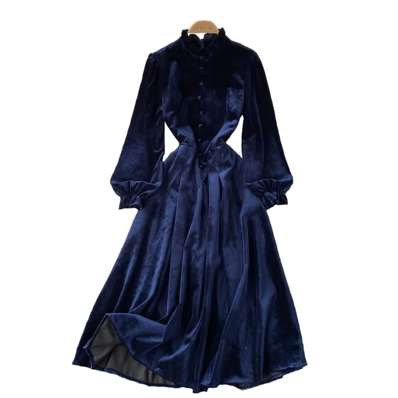 Women Ruffled Collar Zipper Pocket Thick Warm A Line Midi Velvet Dress Autumn Winter Vintage Victoria Evening Party Vestidos