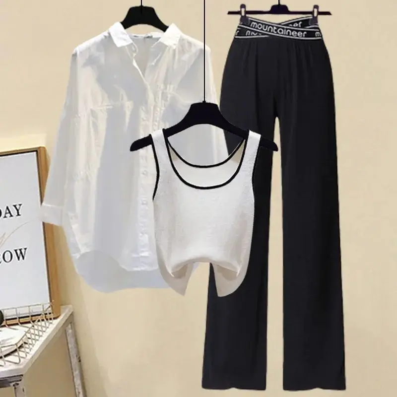 Spring Summer Casual Women Clothing 2024 Lady Loose Shirt Vest Tops Cross Letter Waist Black Straight Trousers 3 Pcs Set Outfits