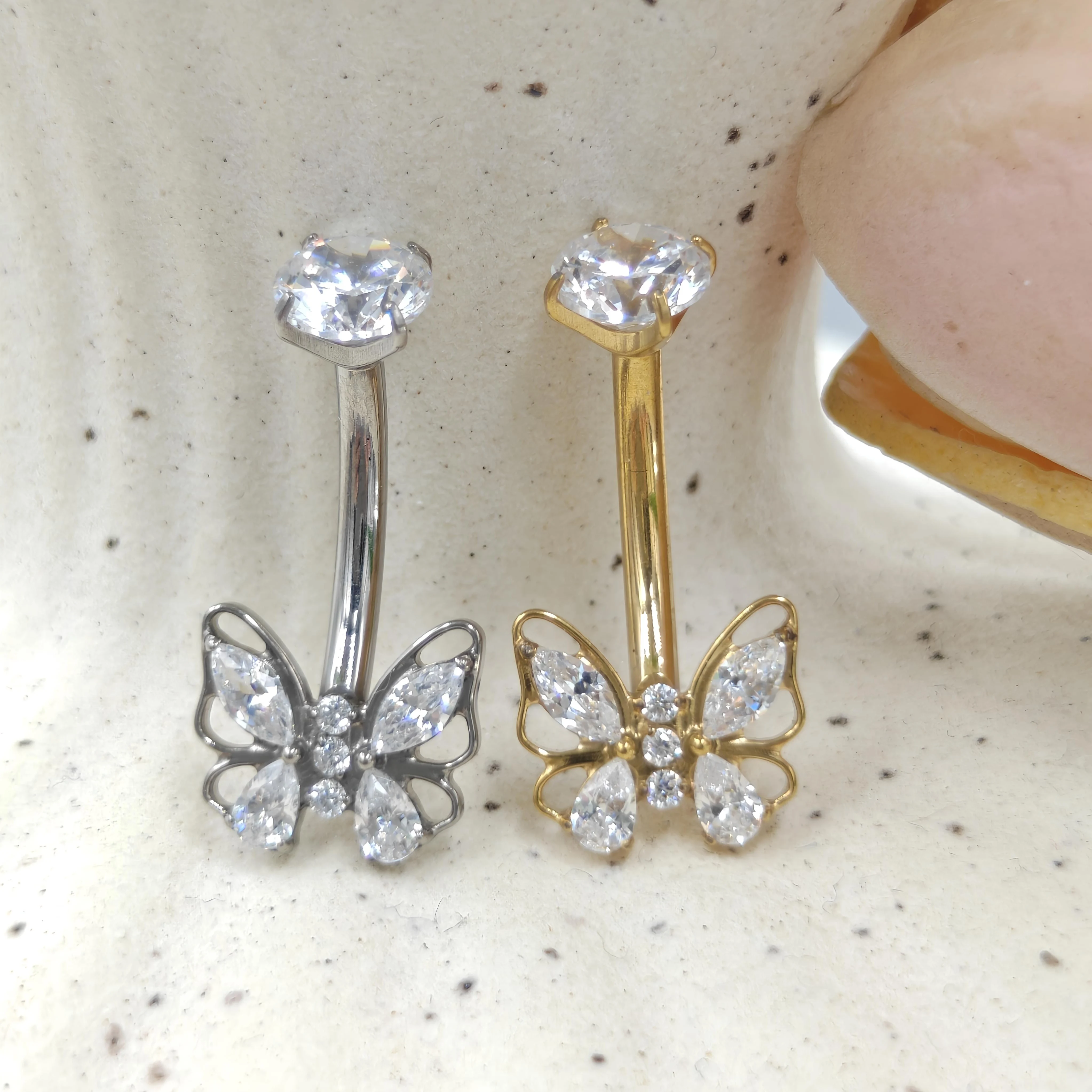 ASTM F136 Titanium Gold Color Butterfly Navel Ring Internally Threaded CZ Crystal Sparkling Belly Button Piercing Jewelry