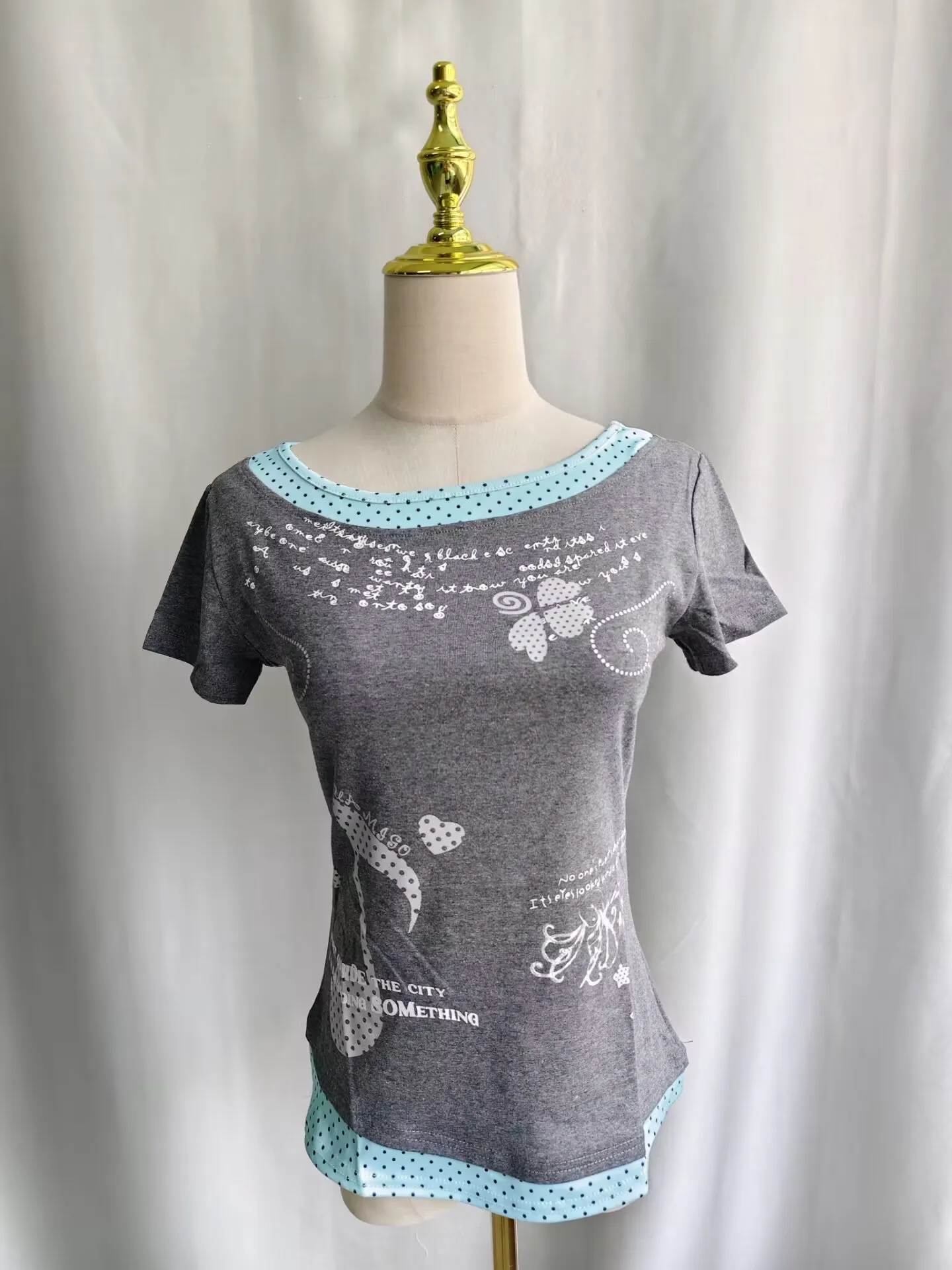 Kimutomo Women T Shirts Polka Dot Printed Short Sleeve Slim Grunge Gothic Y2k Aesthetic Harajuku Tops Ladies Fashion Casual Tee
