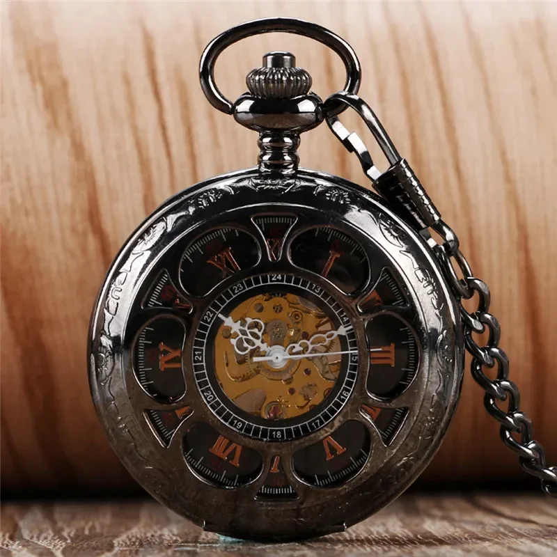 Classical Full Black Pocket Watch Hollow Out Case Unisex Handwind Mechanical Pocket Watch with Pendant Chain Rero Skeleton Clock