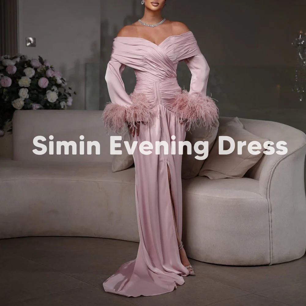 

Simin женские вечерние платья со складками и вырезом лодочкой по индивидуальному заказу, с длинными рукавами, мехом и шлейфом, длиной до пола, вечерние элегантные платья 2025