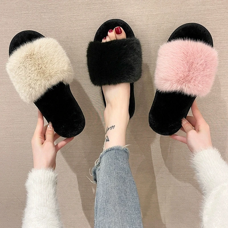 

New Hairy Solid Color Flat Slippers for Women's Home Leisure Shoes One Word Opening Cotton Slipper