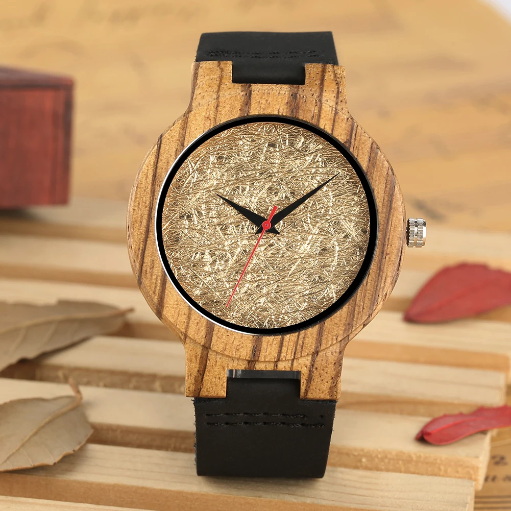 Stylish Gold Wood Watch Quartz Genuine Leather Wristwatch Men Red Seconds Display Casual Solid Wooden Watch Case Mens Watches