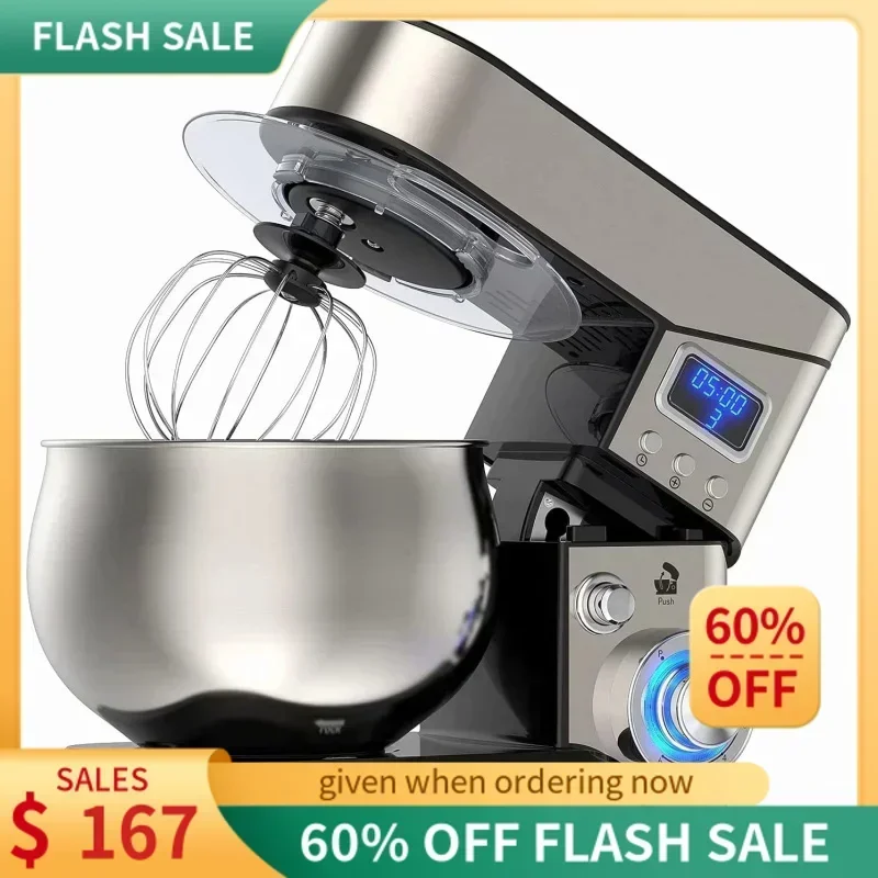 QW1200W Steel 5.3-QT LCD Display Food Mixer,6 P Speed itchen Electric Tilt-Head Mixer with Stainless Steel Bowl