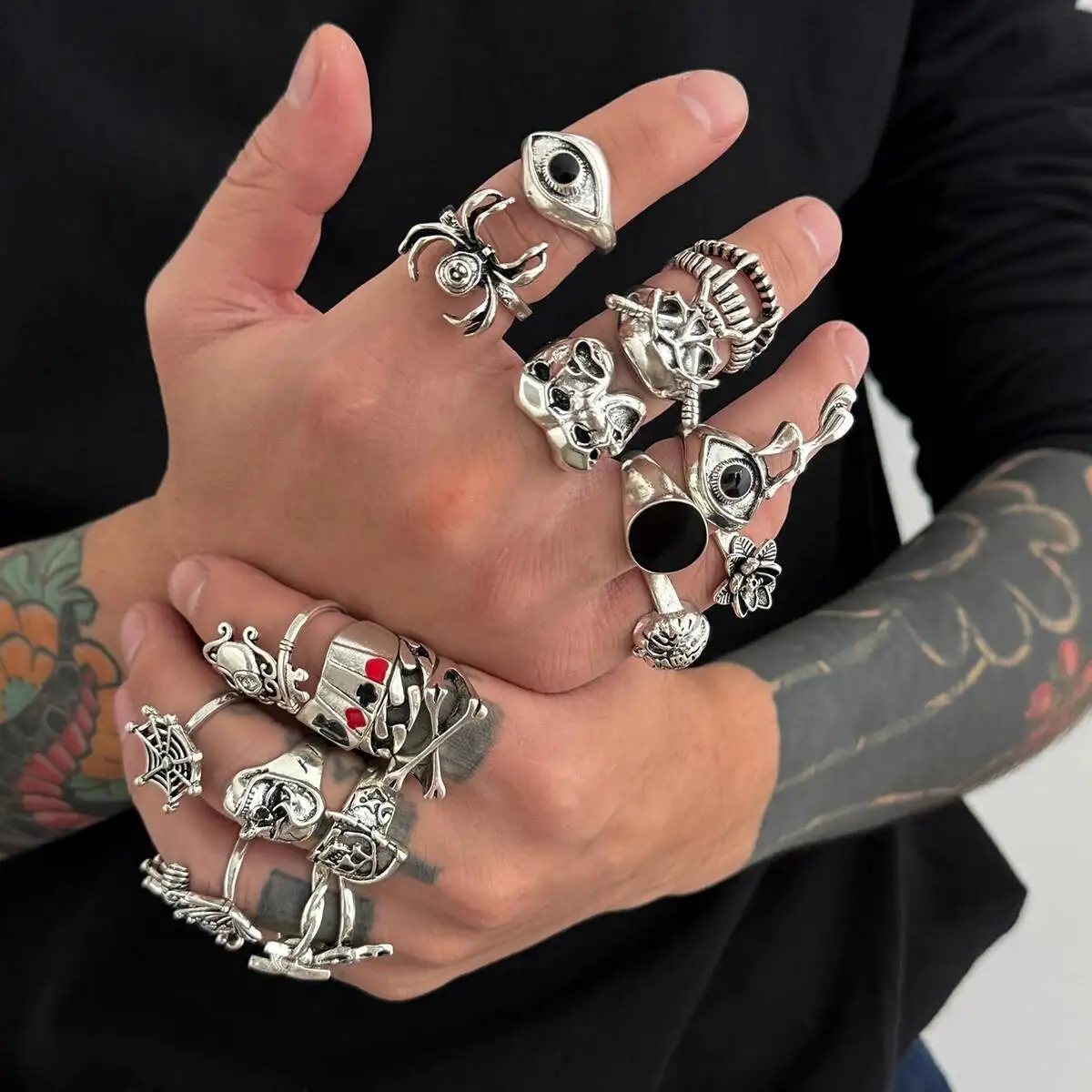 

21 Pcs/Set Hiphop Punk Irregular Skull Spider Web Stackable Ring 2025 New Gothic Dark Vintage Halloween Party Jewelry Gift