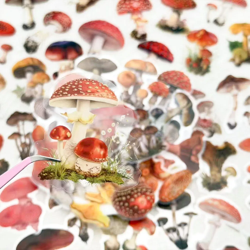50pcs Vintage Mushroom Transparent PET Stickers Decals For Phone Laptop Scrapbook Suitcase Guitar DIY Cartoon Aesthetic Stickers