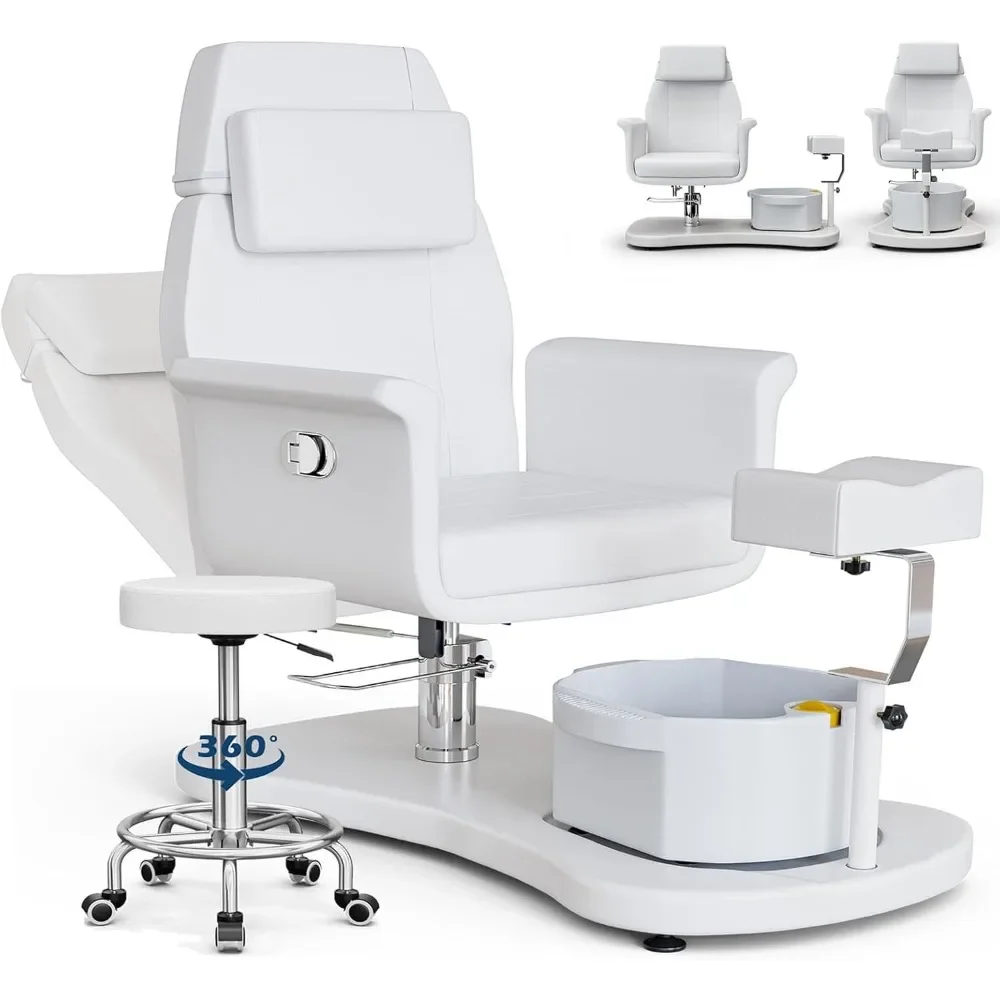 Pedicure Chair, Adjustable Height and Angle Pedicure Seat with Massage Bowl and Footrest, 360 Swivel PU Leather for Salon