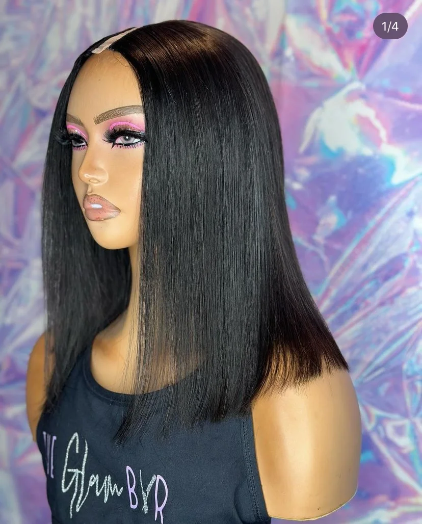 Jack Black Short Bob Bone Straight V Part Wigs Virgin 100% Human Hair  1x4 U Shape Full Wigs 200% Density For Black Women