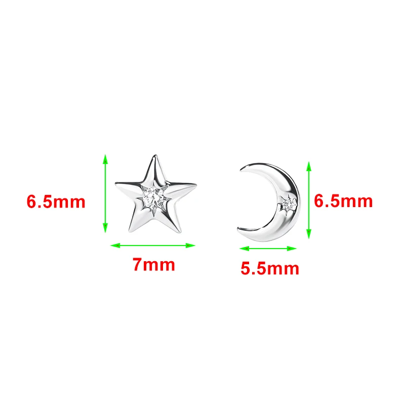 SOFTPIG Real 925 Sterling Silver Zircon Star Moon Mini Stud Earrings for Women Fine Jewelry Light Luxury Asymmetry Accessories