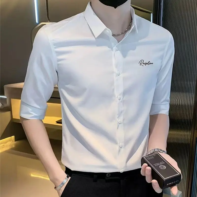 Summer elastic embroidered thin shirt for men slim Korean style youth 7-quarter sleeve casual business professional white shirt