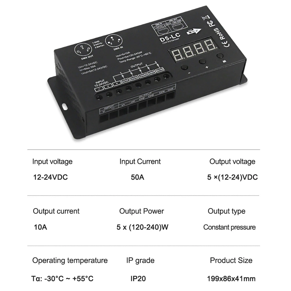CENFAYA High Power DMX LED Controller 5CH 10A/CH DMX 512 Decoder Dimmer Driver DC12V-24V MAX 1200W for LED RGBWC Strip or Light