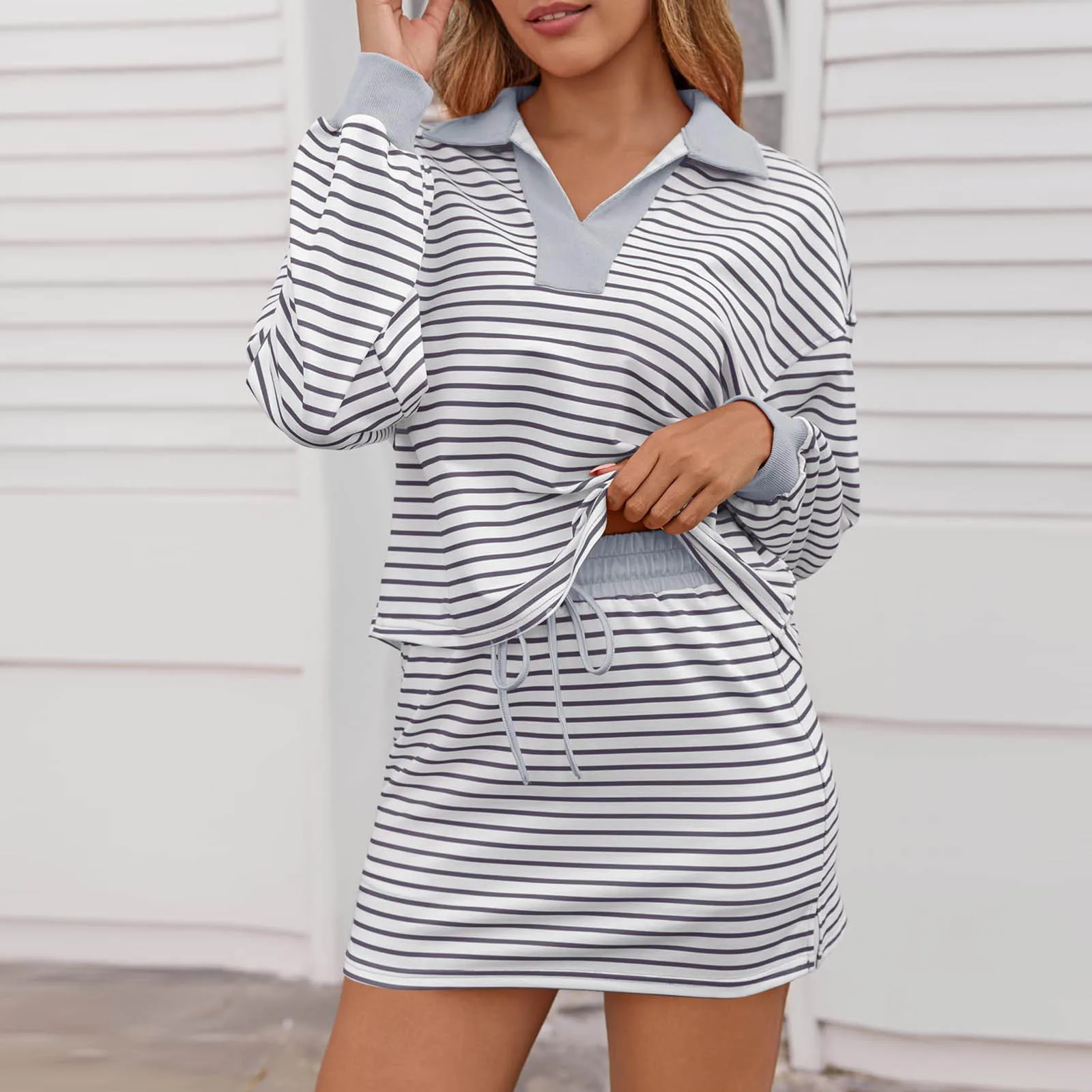 

Casual Striped Skirt Suit Summer Home Fashionable Comfortable Lapel Short-sleeved Pullover Top Drawstring Skirt Two-piece Set