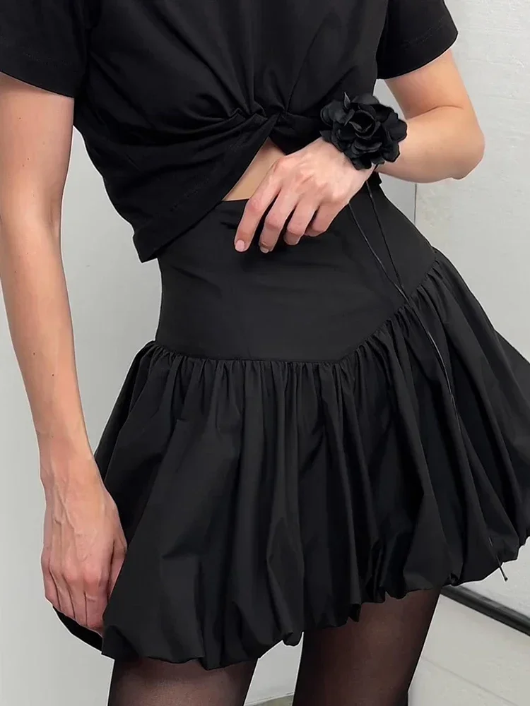 TARUXY High Waisted Bud Skirts Cotton For Women Fashion Solid Color Folds Patchwork Short Skirt Female Commuting Party Clothes