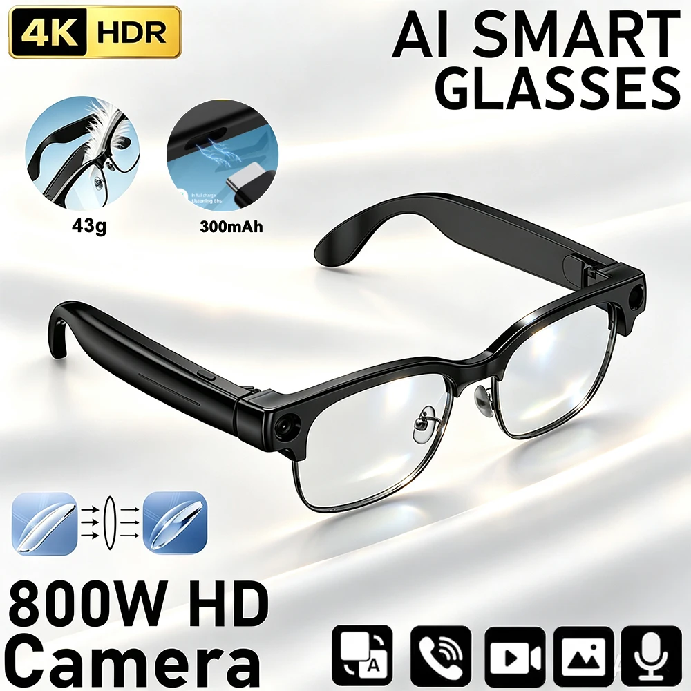 4K Ultra Smart Glasses 800W Pixel Men Video Recording AI Photo Recognition BT Call 8GB Memory Voice Translation Sunglasses Women