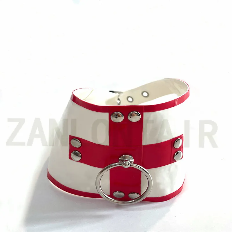 Lingerie sexy exótica unissex, feminina, masculina, feita à mão, látex branco, gola ajustável, cachecol, cinta de pescoço com anel cruzado, uniforme zentai